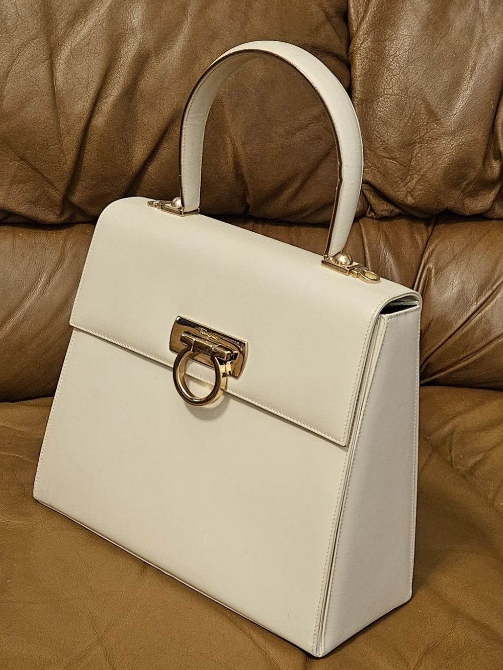 Salvatore Ferragamo Cream Leather Top-Handle Satchel with Gold Hardware